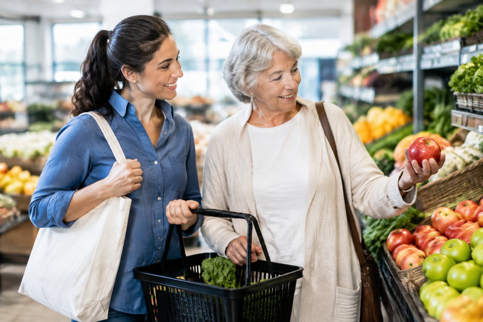 Eine Begleitperson unterstützt einen älteren Menschen beim Einkaufen von Obst im Supermarkt.